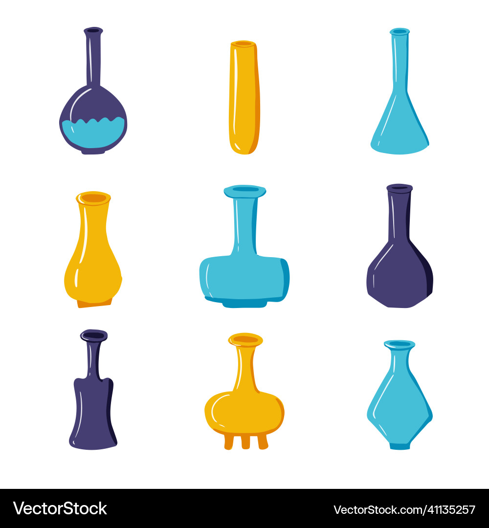 Collection of nine empty magic flasks various Vector Image