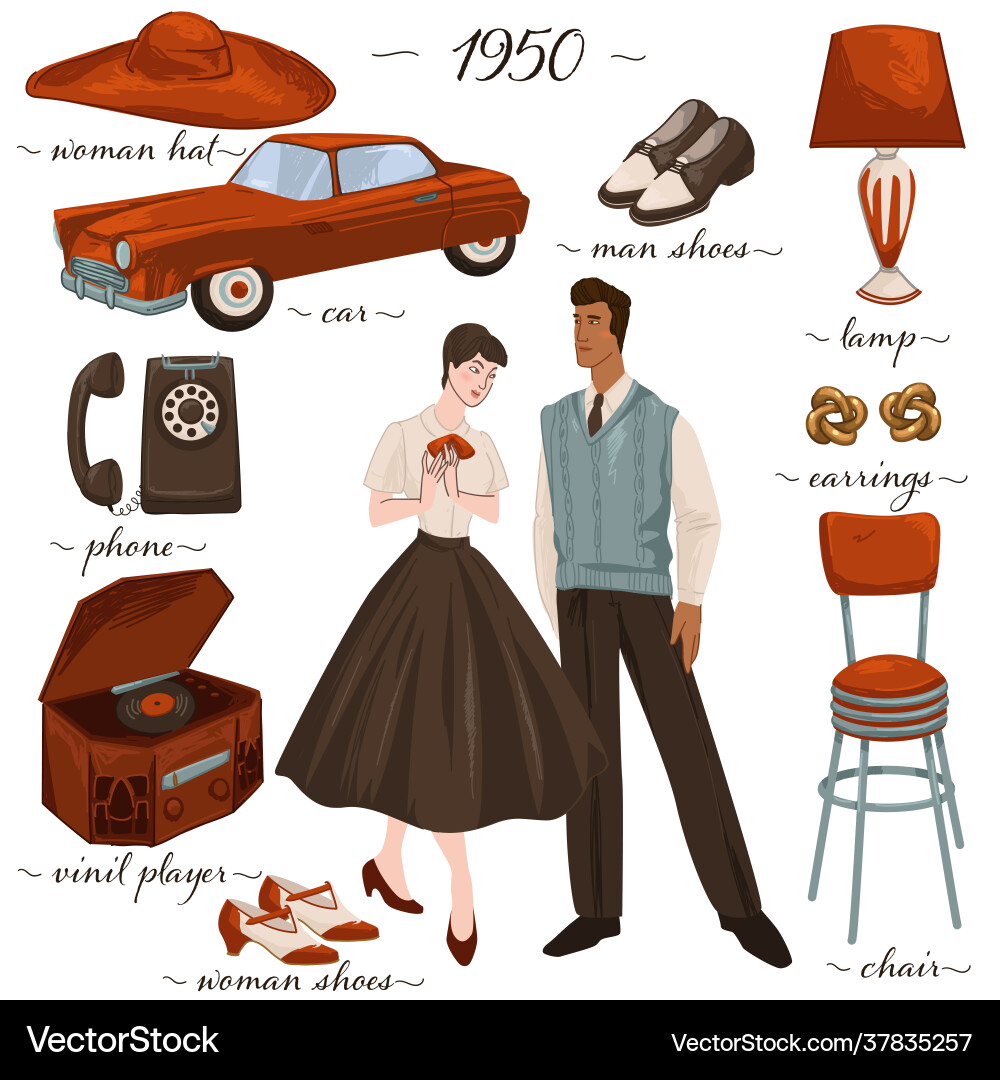 Fashion and clothes furniture objects 1950s Fashion and clothes furniture objects 1950s vector image