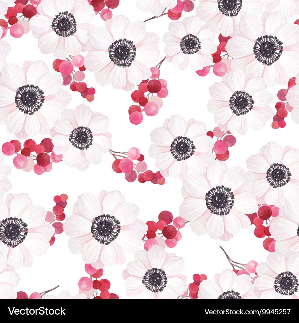 Seamless pattern with anemones and branches of red vector image