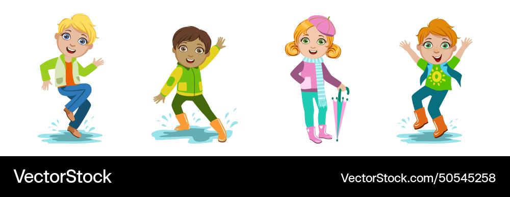 Cute kids in autumn at rainy day coat Cute kids in autumn at rainy day coat vector image