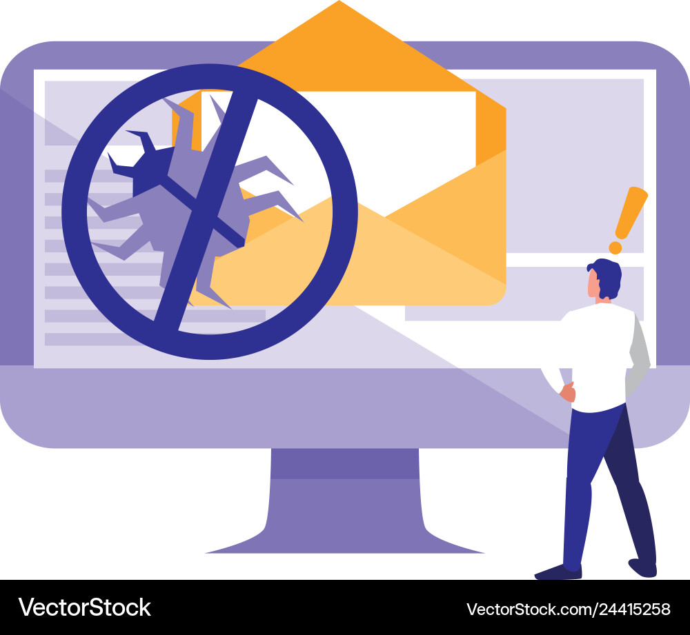 Man using desktop with bug in email Man using desktop with bug in email vector image