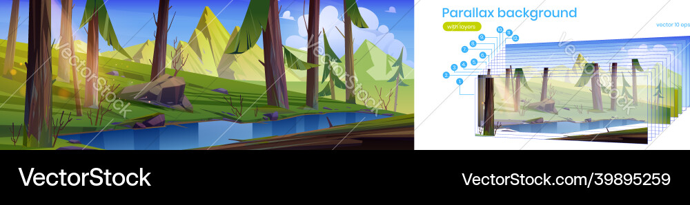 Parallax background coniferous forest with lake Parallax background coniferous forest with lake vector image