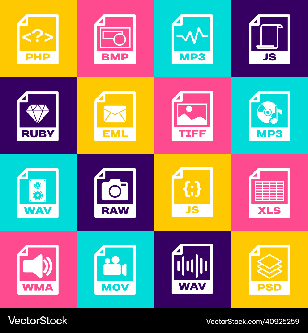 Set psd file document xls mp3 eml and ruby vector image
