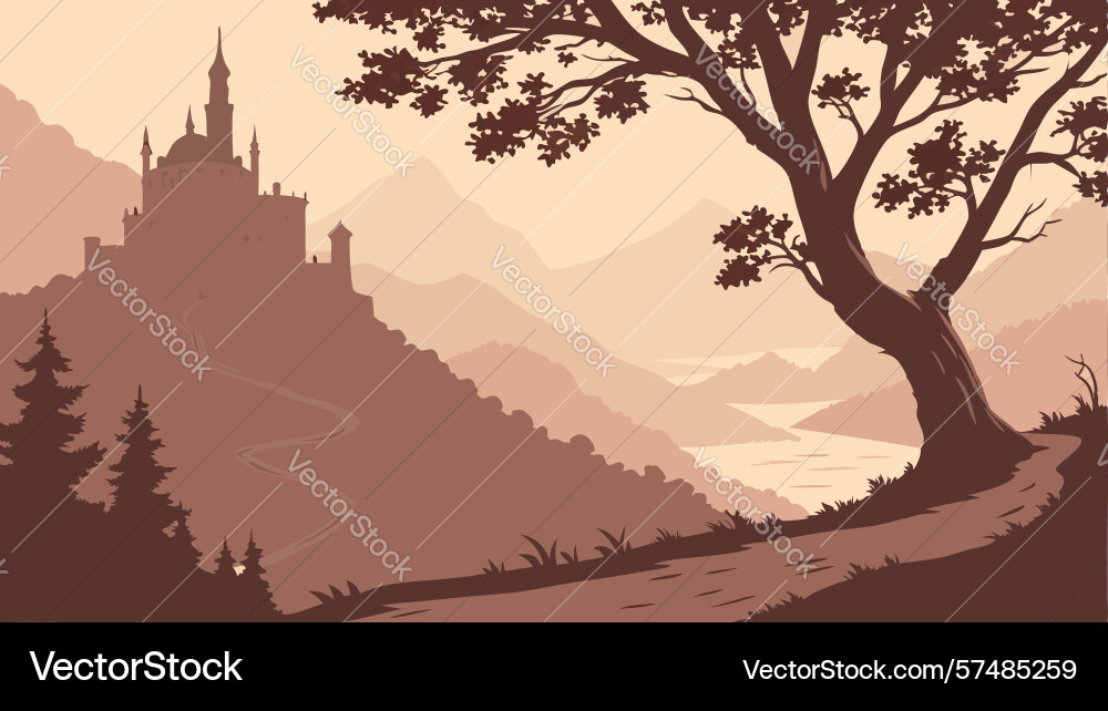 Winding path to distinctive tree in hilly Vector Image