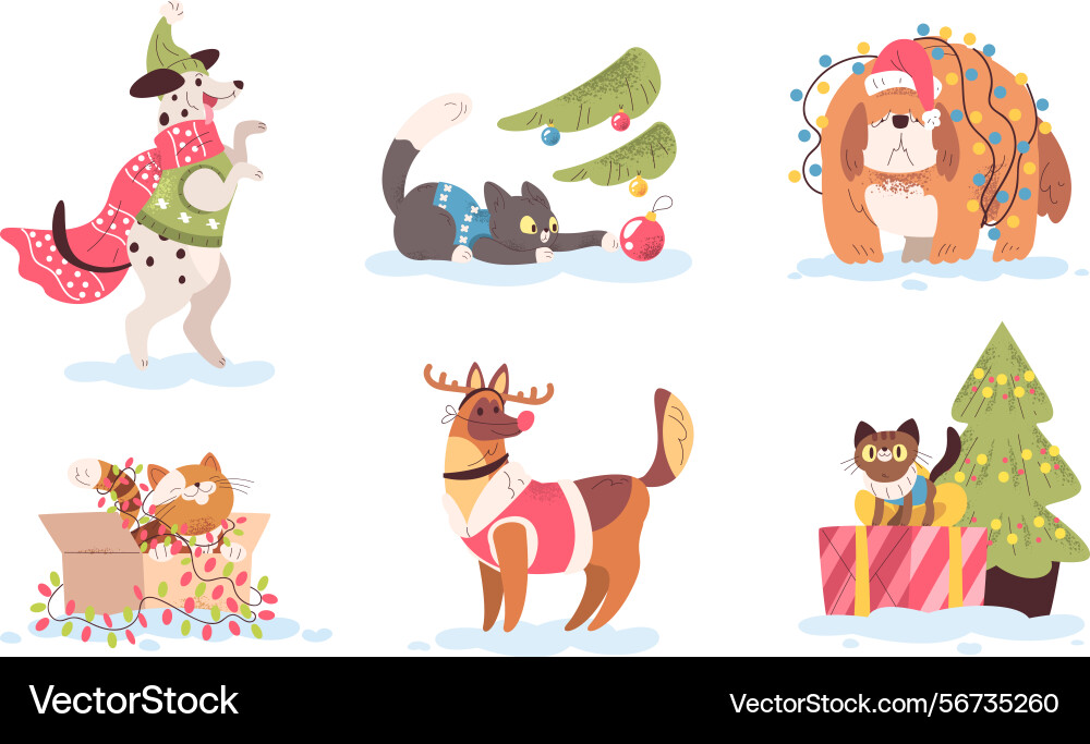 Christmas pets cartoon cute dog cat winter Christmas pets cartoon cute dog cat winter Vector Image