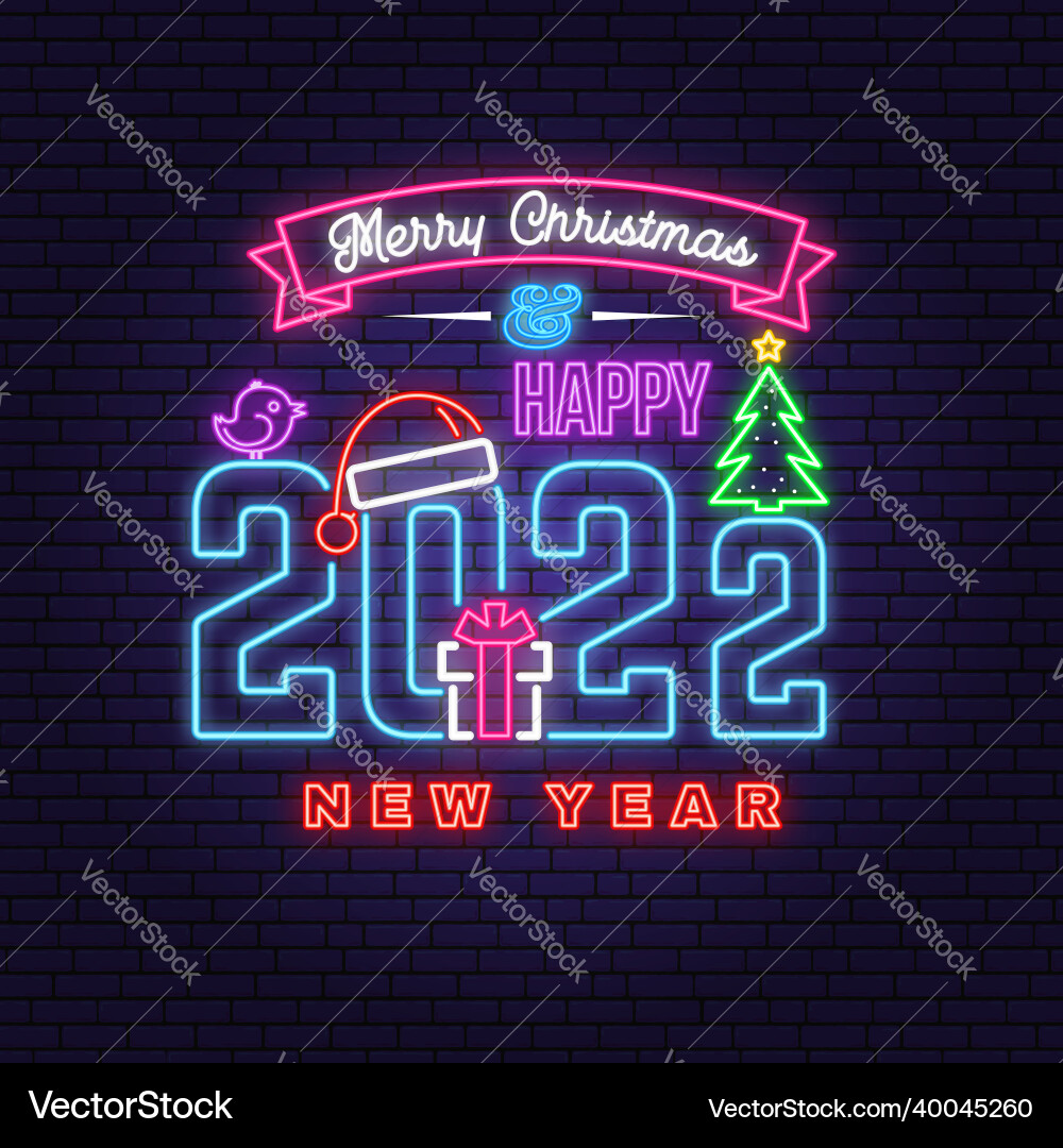 Merry christmas and 2022 happy new year neon sign Merry christmas and 2022 happy new year neon sign vector image