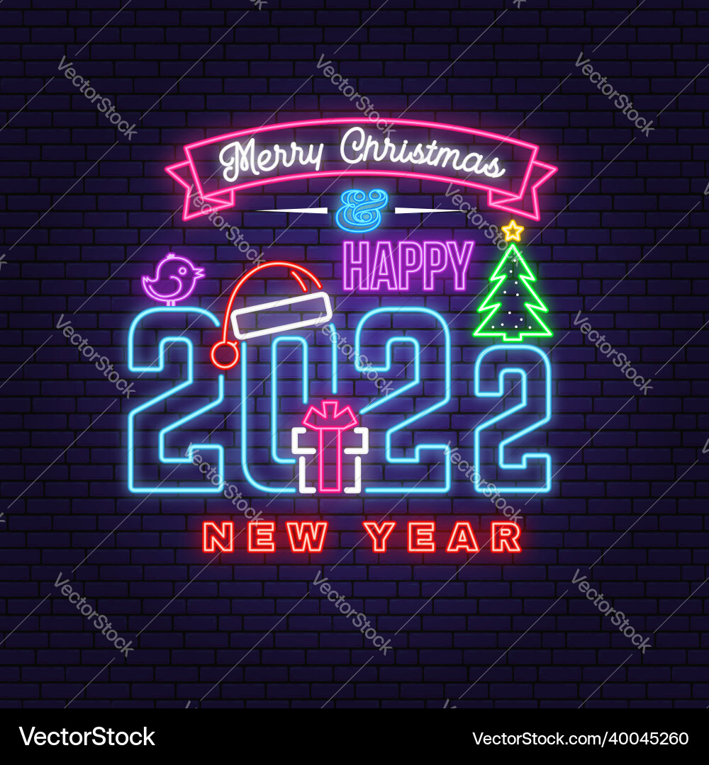 Merry christmas and 2022 happy new year neon sign vector image