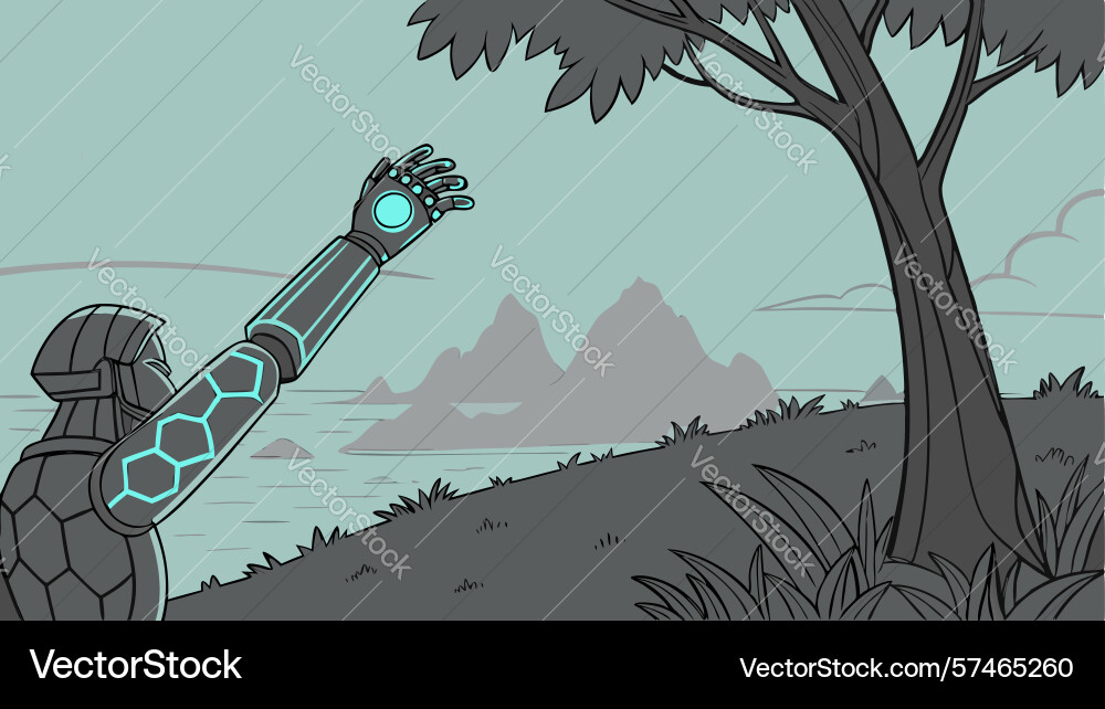 Robotic arm extends to single tree in barren Vector Image