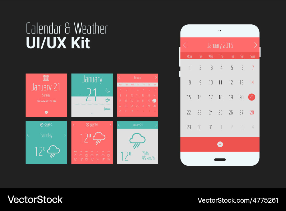Flat ui or ux mobile calendar and weather apps kit vector image