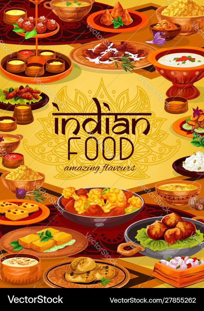 Indian dishes rice meat seafood with veggies Indian dishes rice meat seafood with veggies vector image