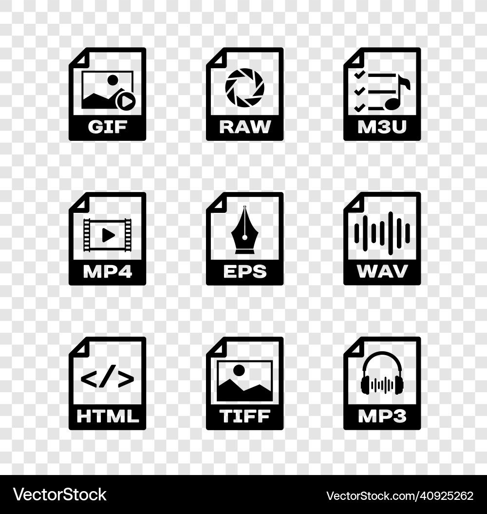 Set gif file document raw m3u html tiff Vector Image