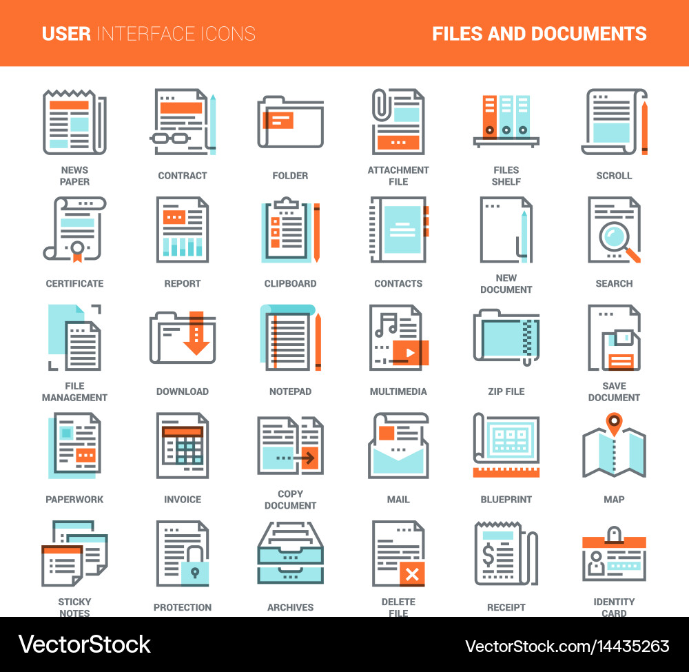 Files and documents flat line icons vector image