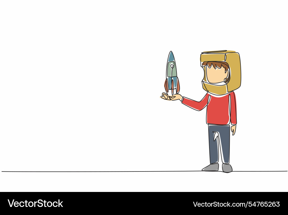 Single continuous line drawing boy holding Vector Image
