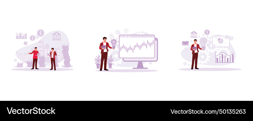 Two men are standing with a row of coins behind Vector Image