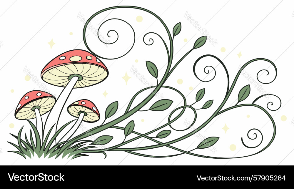 Enchanting mushroom and botanical scrollwork Vector Image