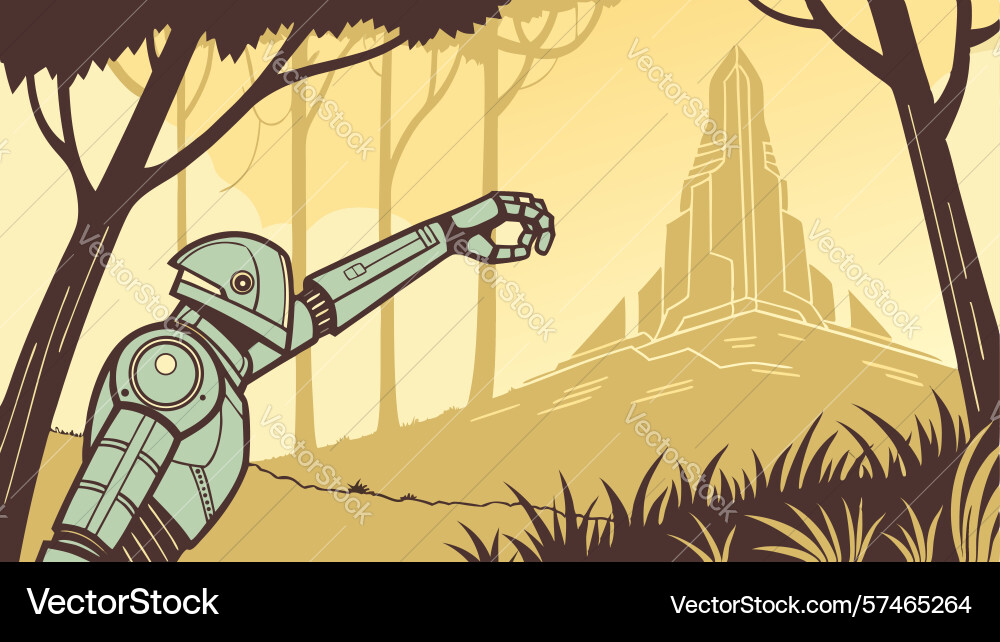Robot on mountain path ascending towards distant Vector Image