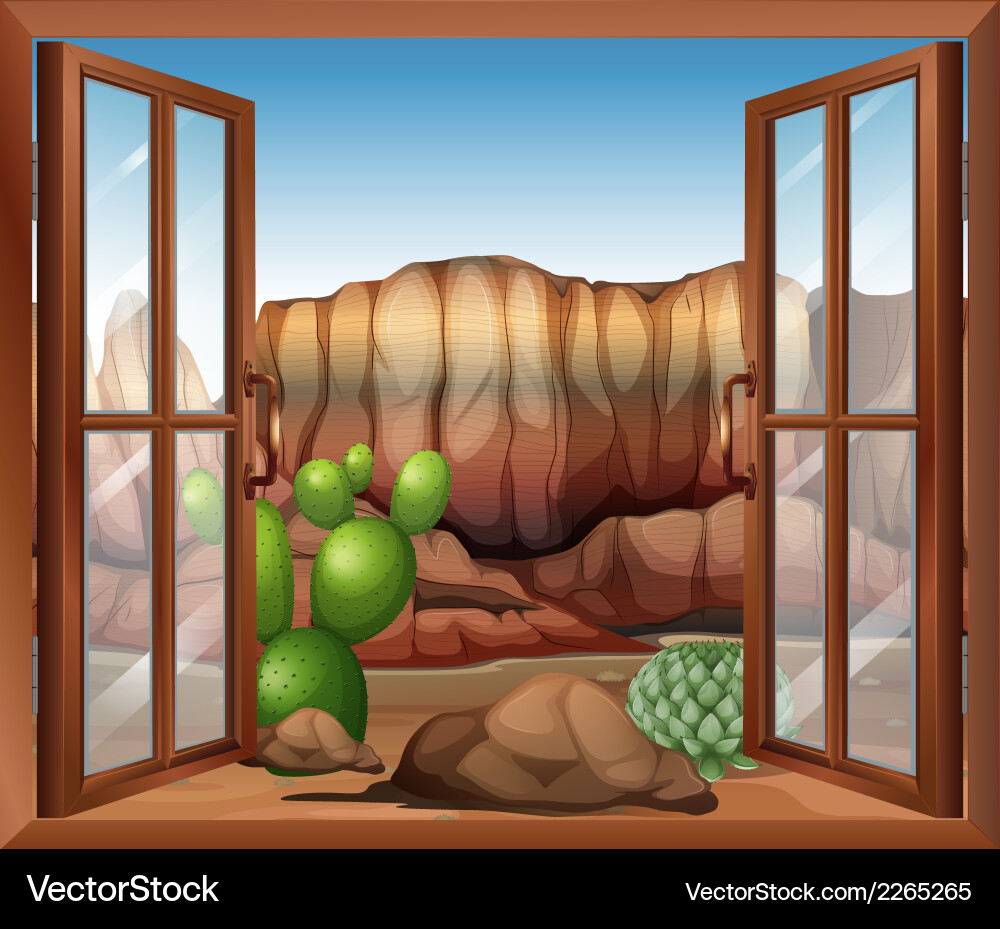 An open window with a view of the desert vector image