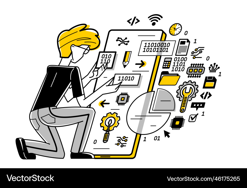 Programmer is coding and repairing some Programmer is coding and repairing some Vector Image