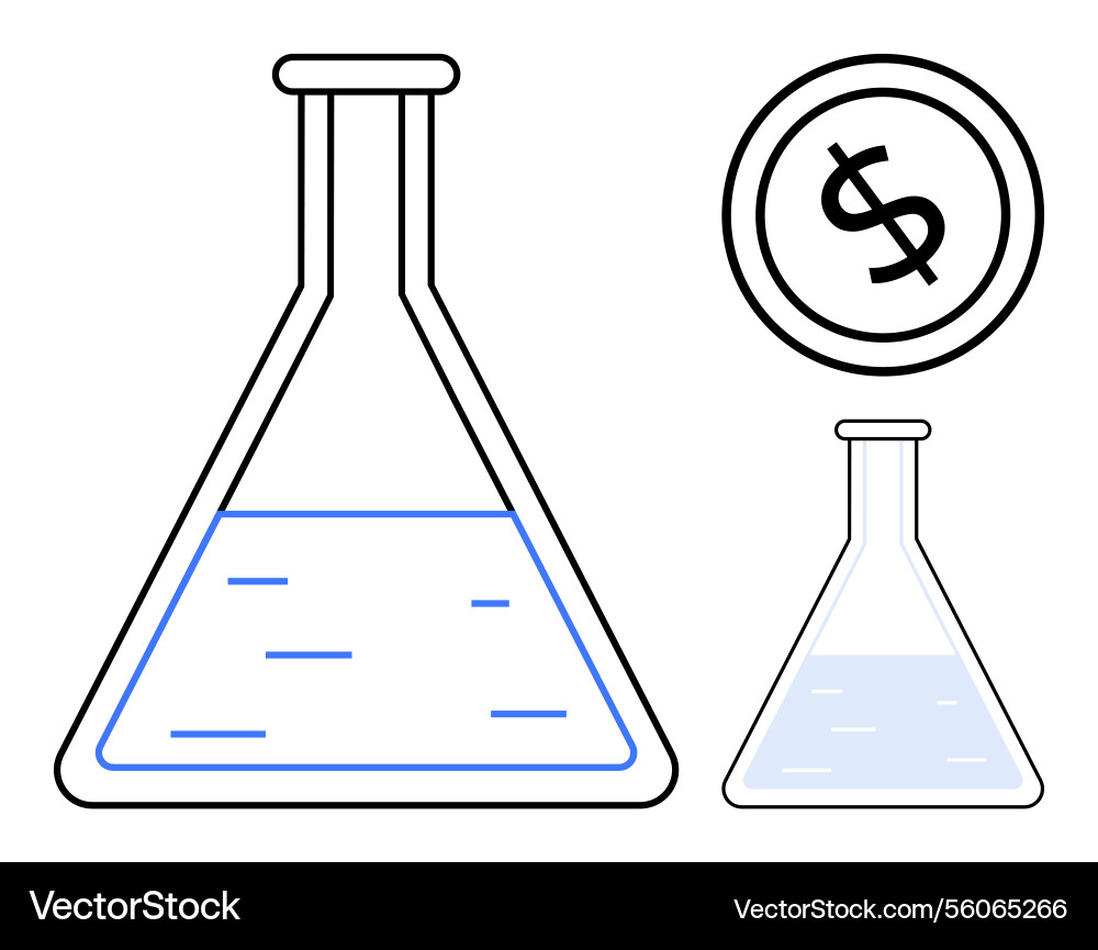 Flask with liquid and dollar coin highlighting Flask with liquid and dollar coin highlighting vector image