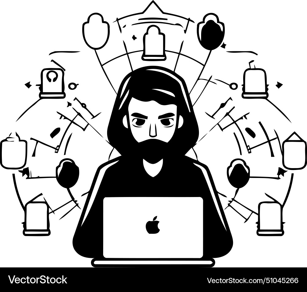Hacker with laptop and cyber attack icons around Vector Image