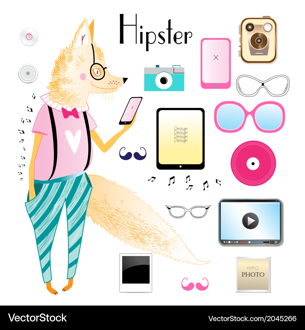 Hipster fox and objects Vector Image