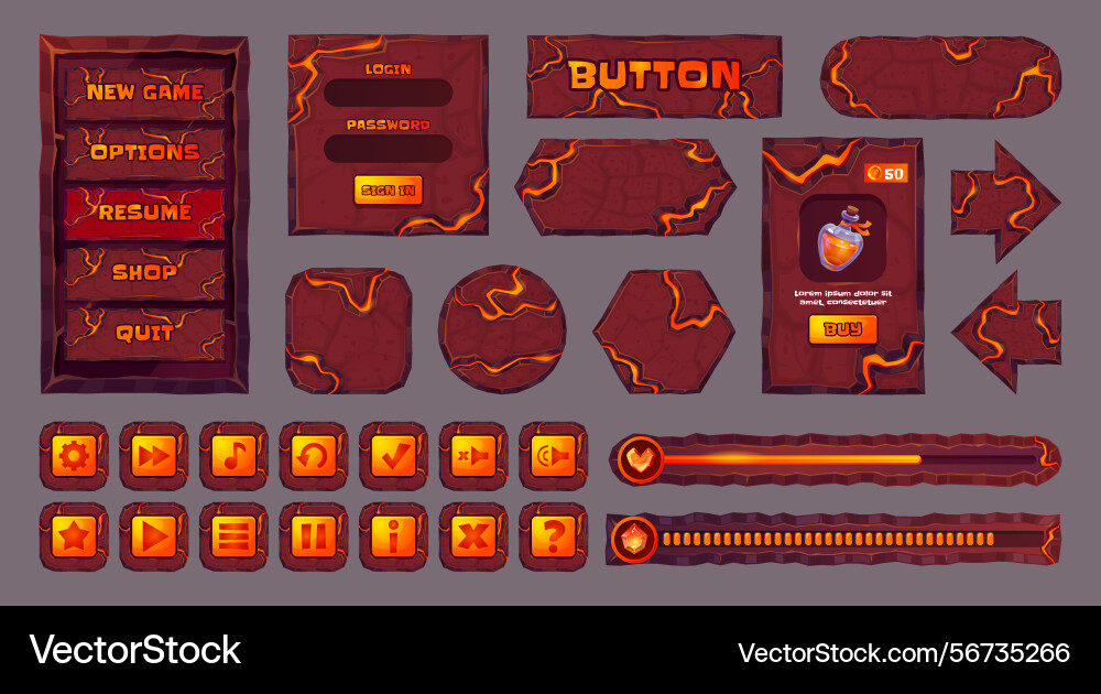 Lava stone ui volcano eruption game menu Lava stone ui volcano eruption game menu vector image