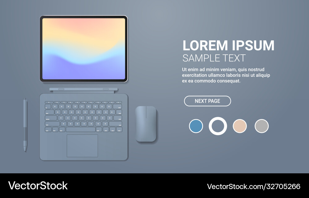 Modern tablet computer with keyboard mouse pen Modern tablet computer with keyboard mouse pen Vector Image