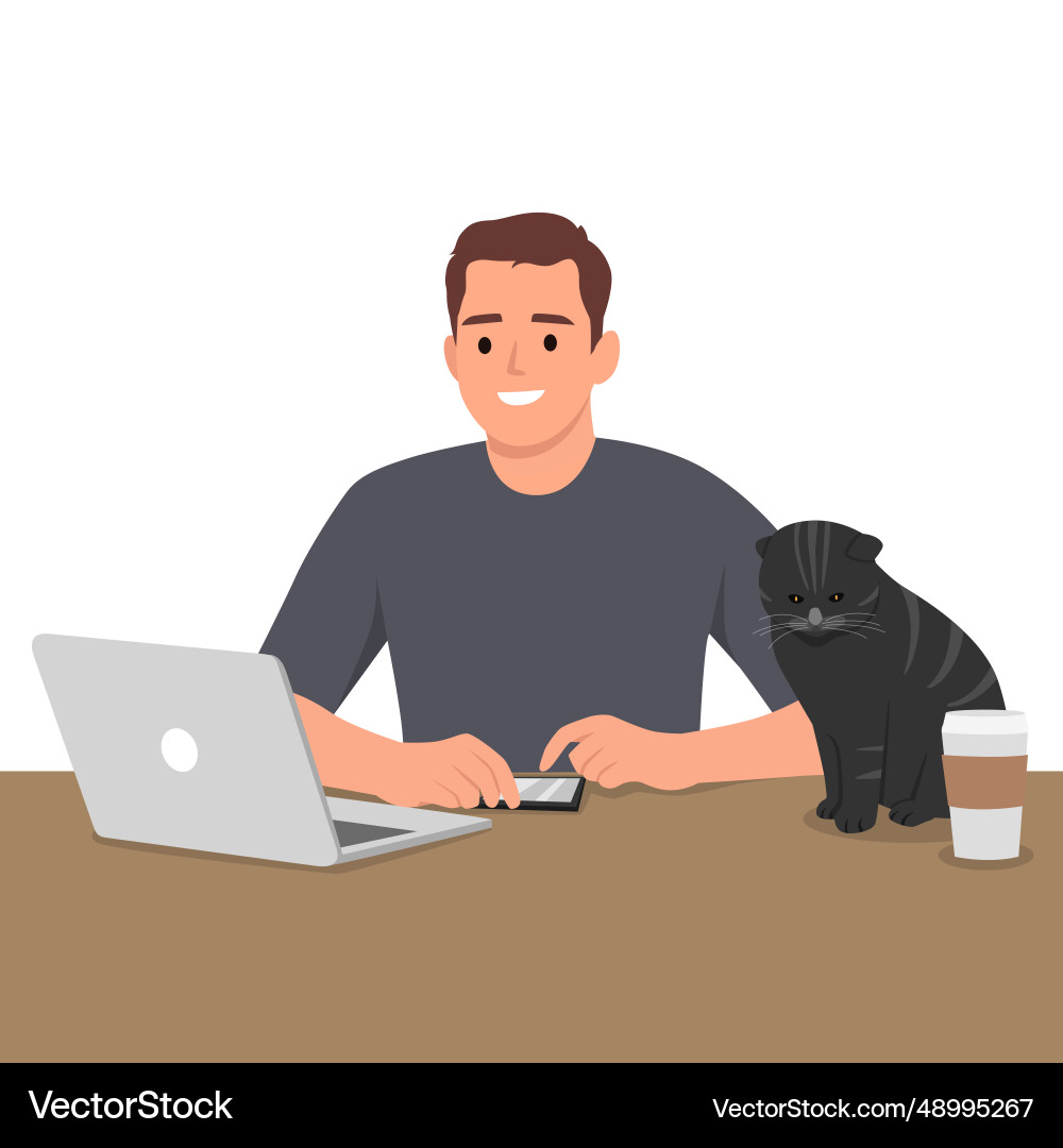 Man working at the table with a cat and coffee Vector Image