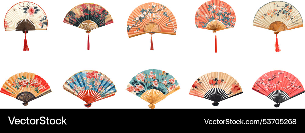 Chinese japanese hand fan set asian geisha silk Chinese japanese hand fan set asian geisha silk vector image