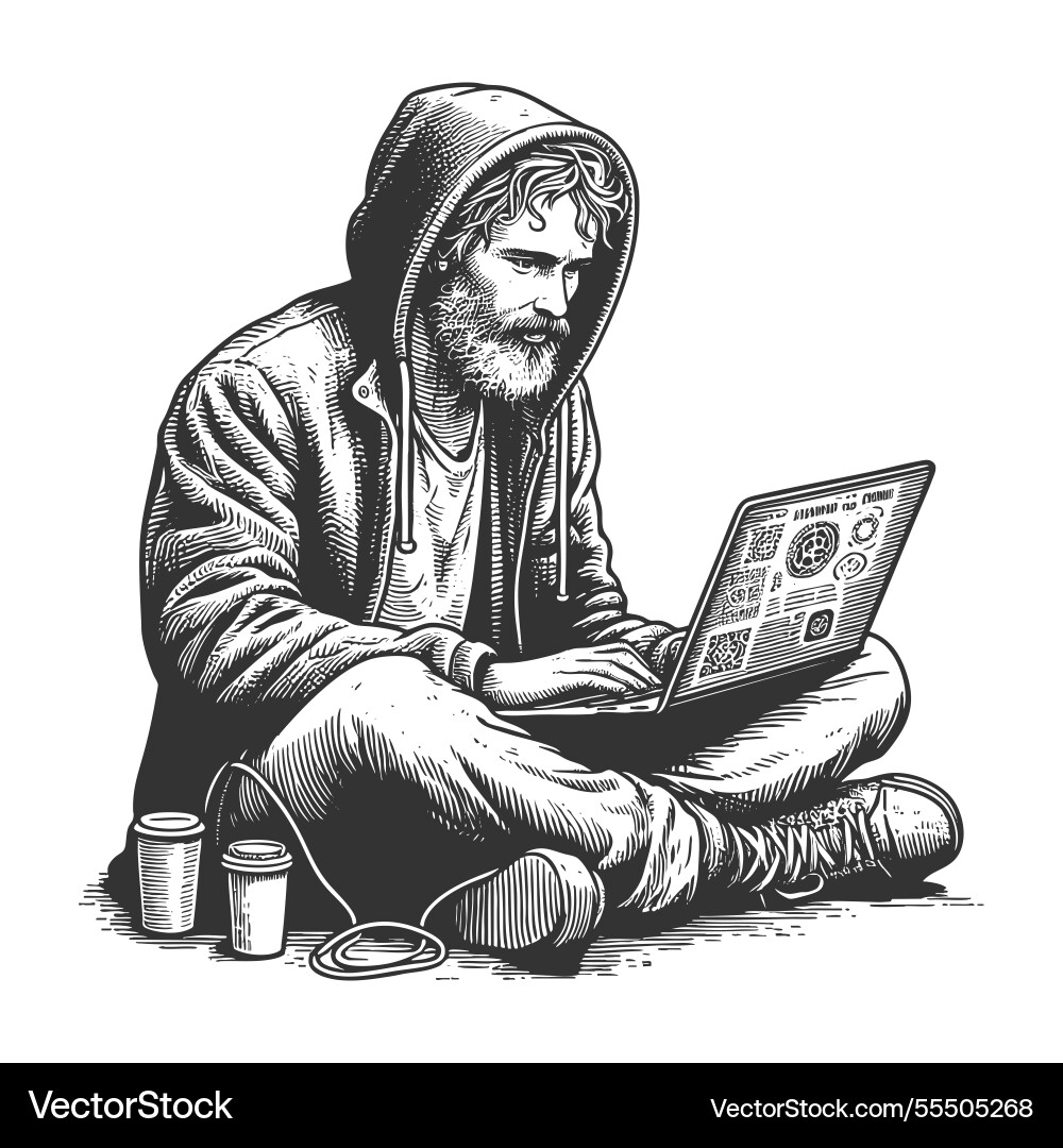 Homeless Programmierer Hacker nomad typing computer Homeless Programmierer Hacker nomad typing computer vektorbild