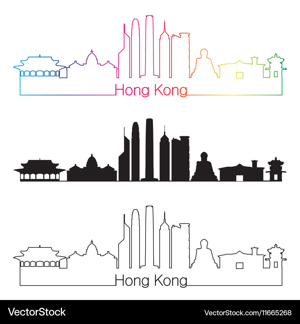 Hong kong v2 skyline linear style with rainbow vector image