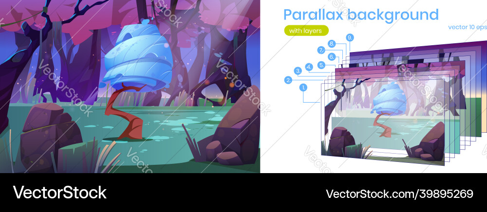 Parallax background 2d landscape with fantasy tree Parallax background 2d landscape with fantasy tree vector image