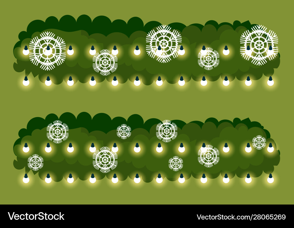 Pine tree branches with snowflakes and garlands Pine tree branches with snowflakes and garlands Vector Image