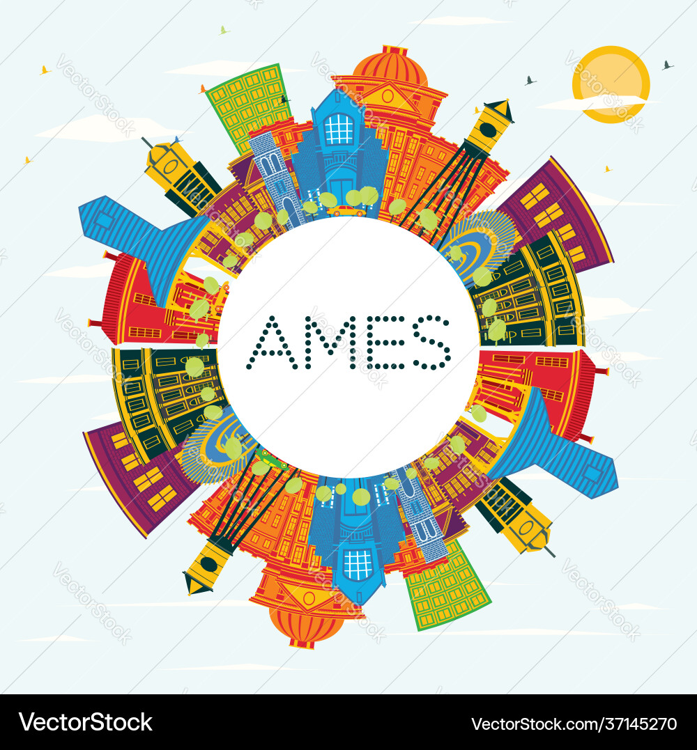 Ames iowa city skyline with color buildings blue Ames iowa city skyline with color buildings blue vector image