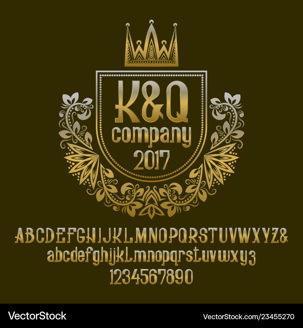 Golden letters and numbers with initial emblem Golden letters and numbers with initial emblem Vector Image