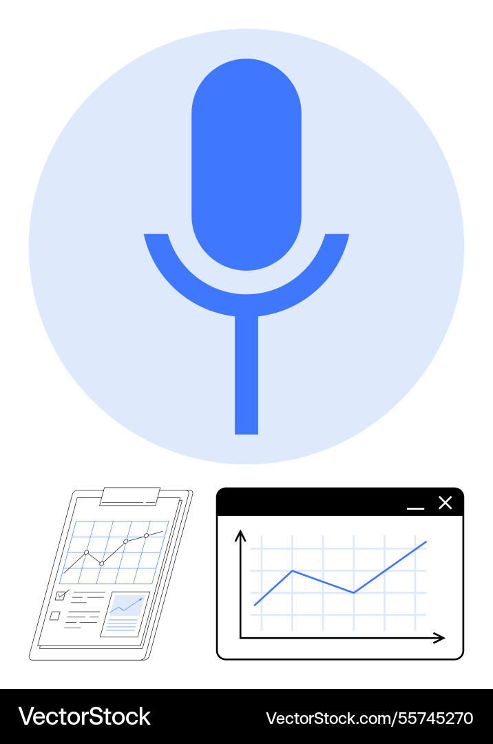 Microphone with analytics charts representing Microphone with analytics charts representing vector image