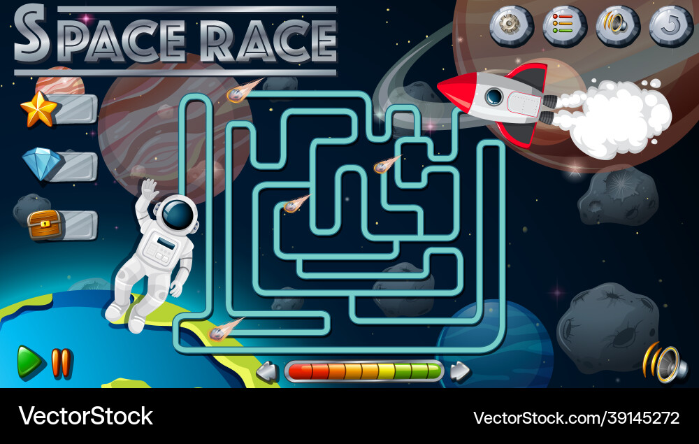 Maze game with space theme template Maze game with space theme template vector image