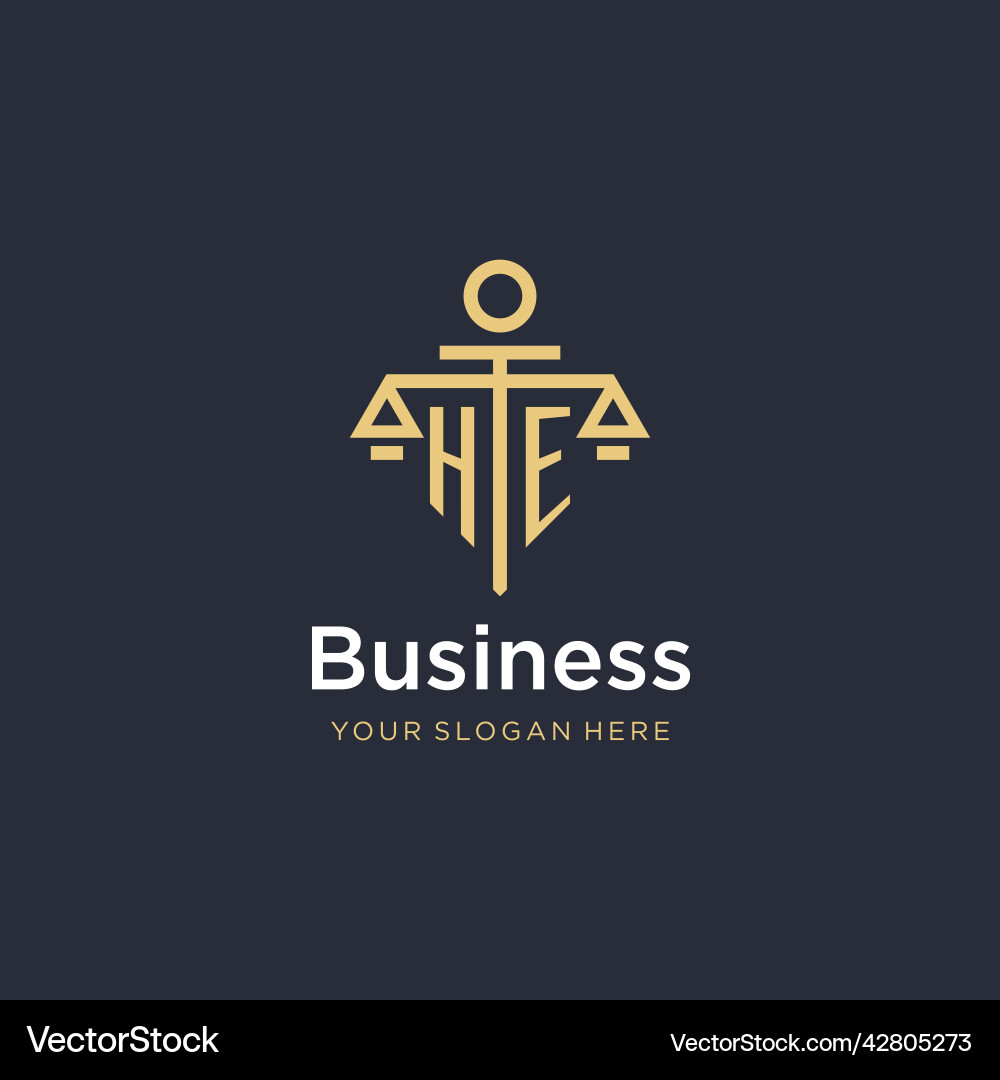 He initial monogram logo with scale and pillar Vector Image