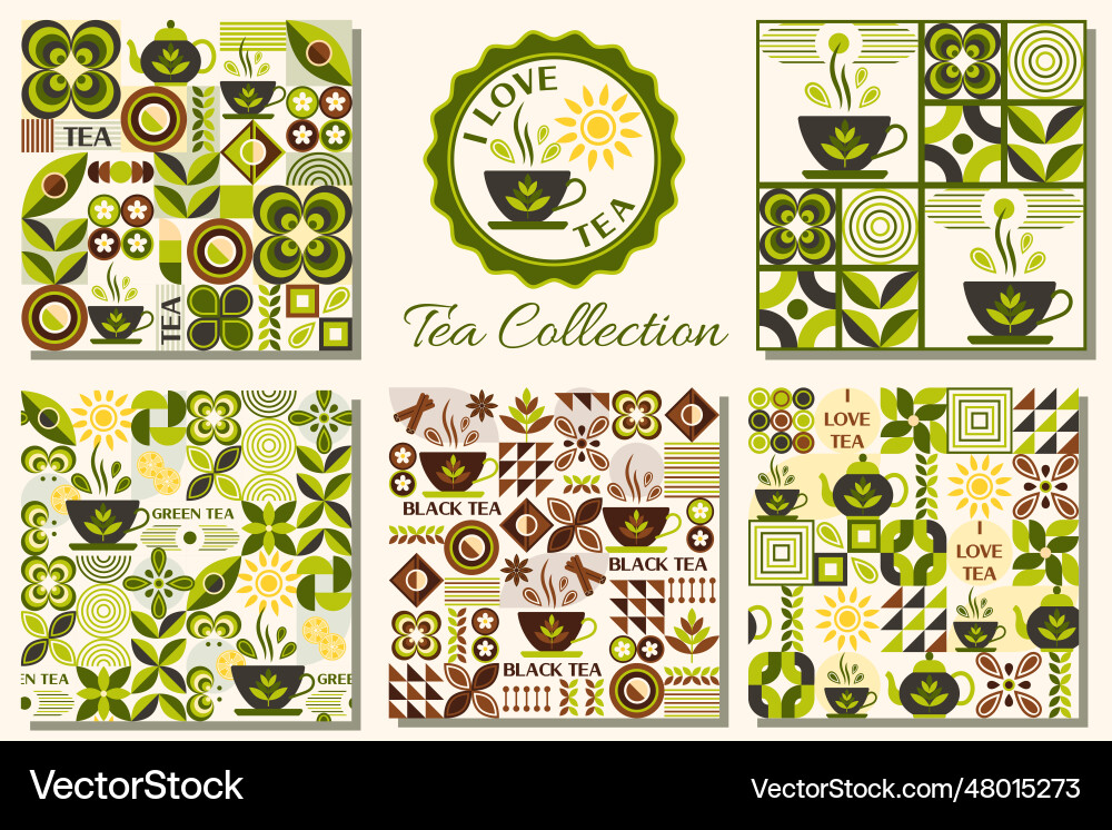 Tea themed patterns with icons in geometric style Tea themed patterns with icons in geometric style Vector Image