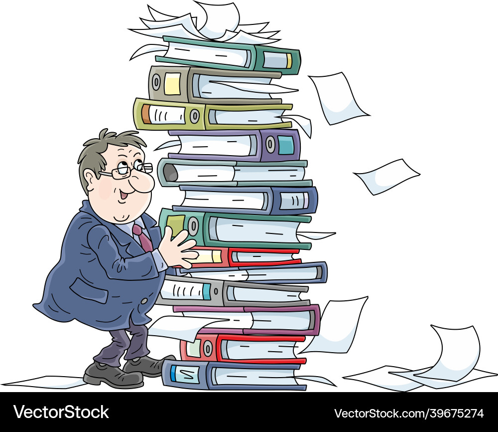 Fat clerk with a heap of documents in folders Fat clerk with a heap of documents in folders Vector Image