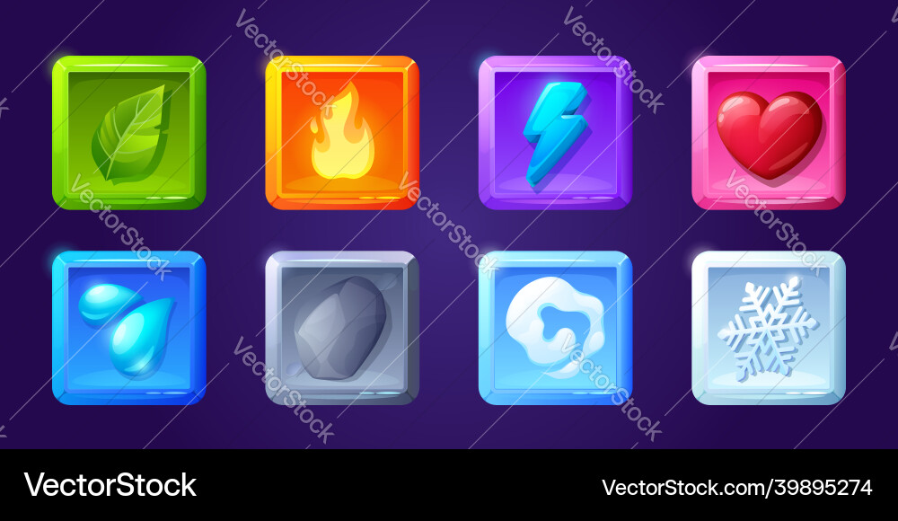 Game ui app icons square buttons cartoon menu Game ui app icons square buttons cartoon menu vector image