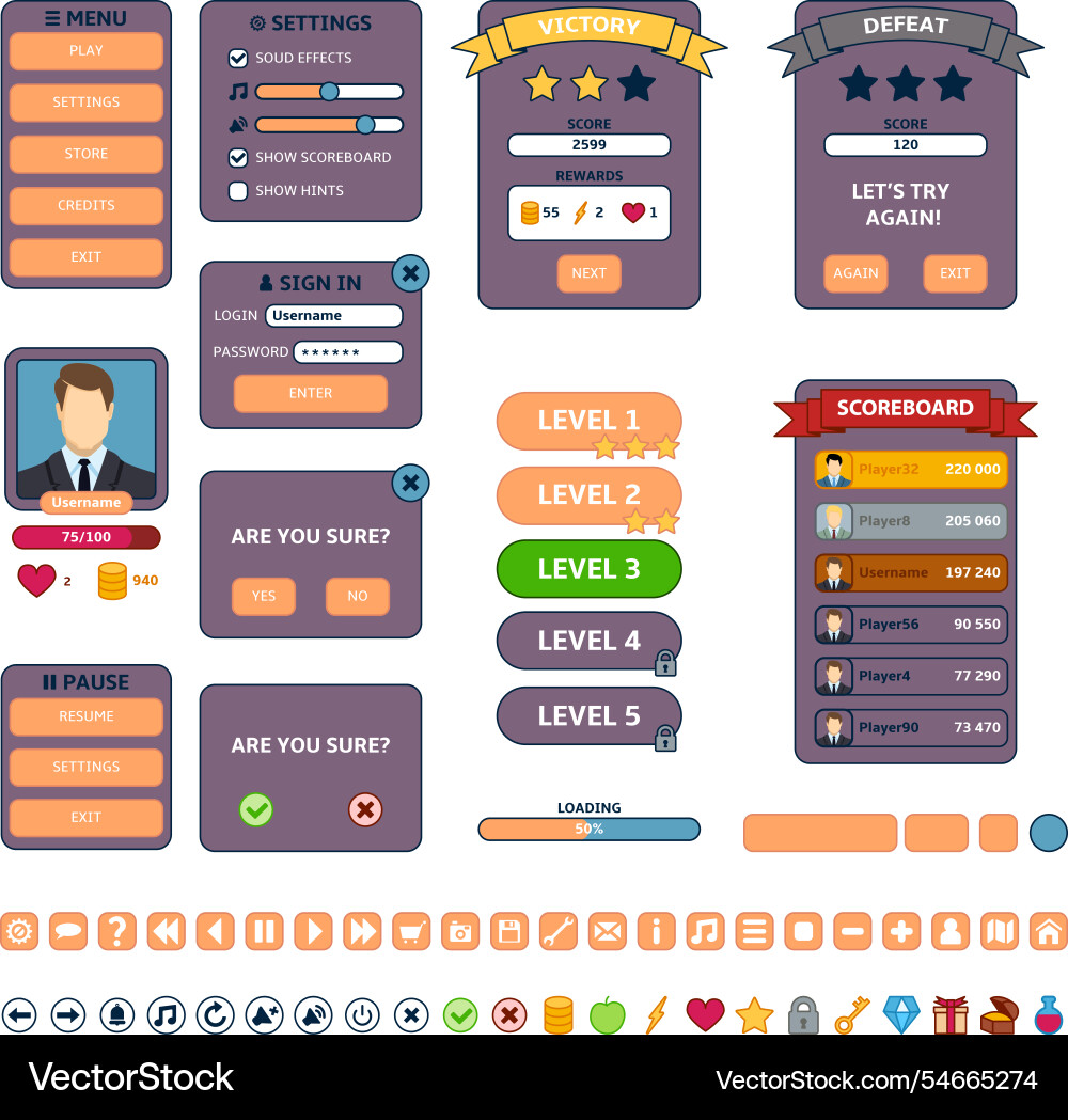 Set of ui elements for mobile game Set of ui elements for mobile game Vector Image
