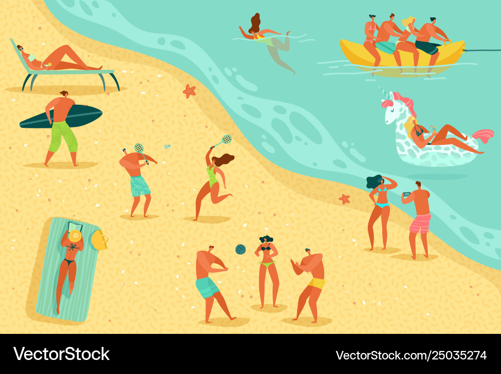 Strand Menschen entspannende Personen schwimmen Sonnenbad Strand Menschen entspannende Personen schwimmen Sonnenbad vektorbild