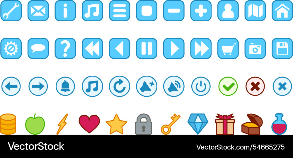 Different styles icons and buttons for casual game Different styles icons and buttons for casual game Vector Image
