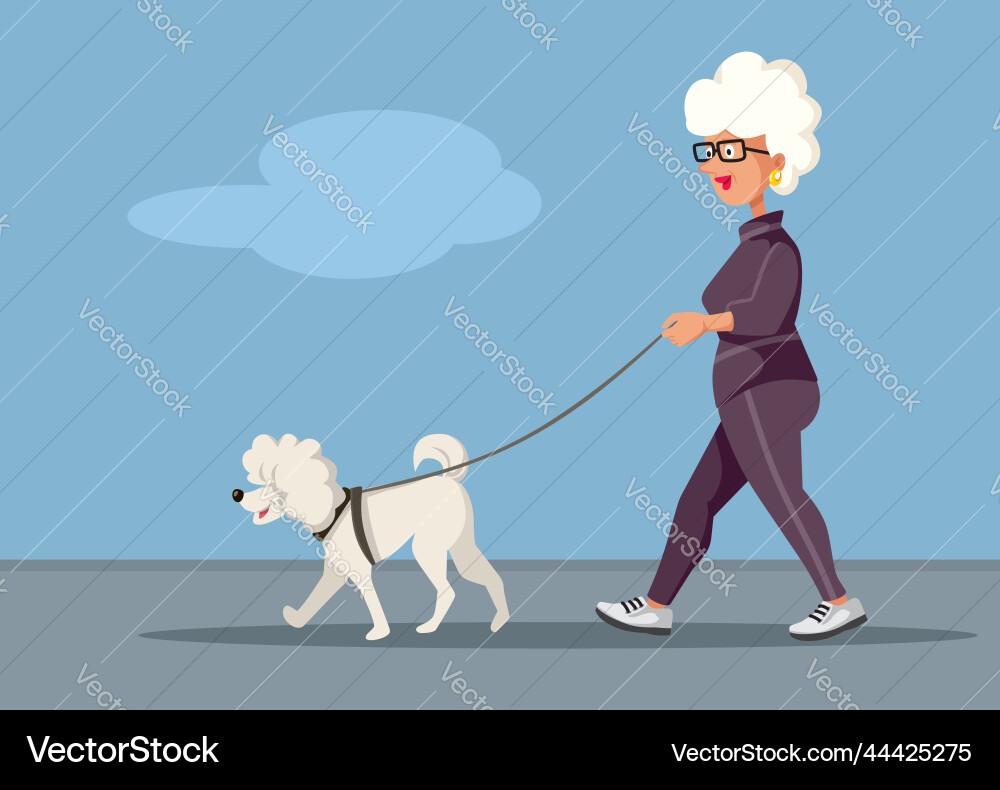 Senior woman walking her dog outdoors cartoon Senior woman walking her dog outdoors cartoon vector image