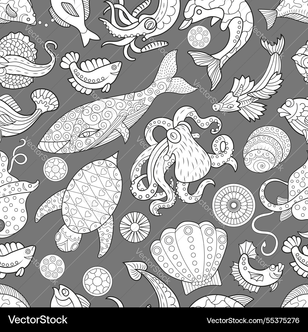 Seamless pattern with fish whale turtle Seamless pattern with fish whale turtle vector image
