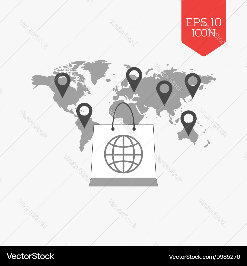 Shopping bag over world map with pointers Vector Image