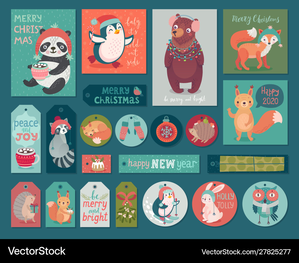 Christmas cards and gift tags set with animals Christmas cards and gift tags set with animals vector image