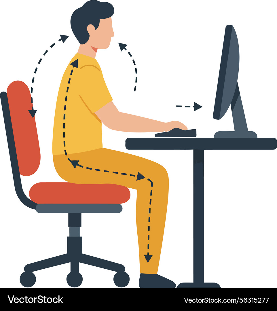 Man Working on Computer - Ergonomic Posture Vector Image