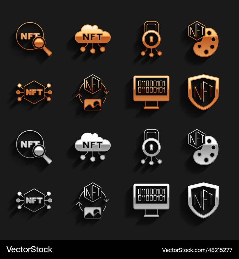 Set nft digital crypto art shield binary code Set nft digital crypto art shield binary code vector image